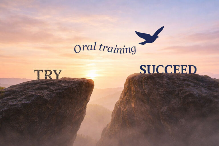 Partir du mot TRY sur un rocher à gauche pour arriver au mot SUCCEED sur un rocher à droite, en suivant l'oiseau symbole de EasySpeaking qui traine dans son sillage ORAL TRAINING pour symboliser la progression des apprenants